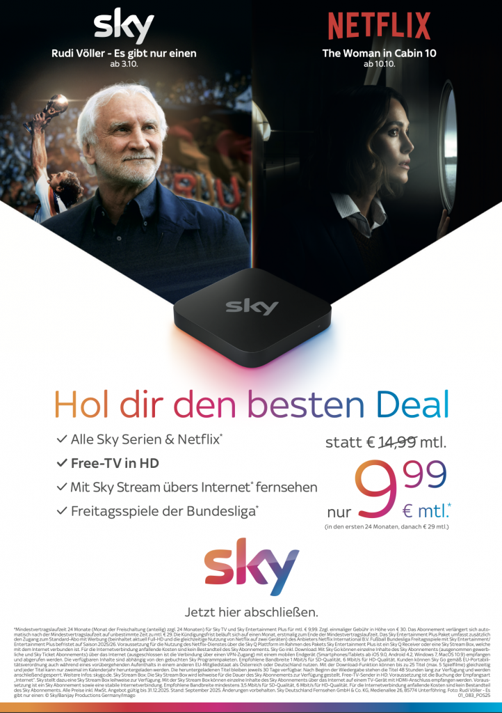 Das vielleicht beste Sky Angebot des Jahres. Nur für kurze Zeit. Das Entertainment Paket mit extra Leistungen.